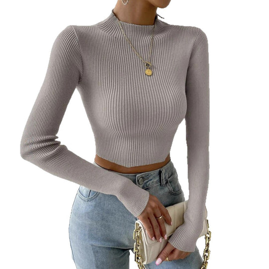 Damen Gerippter Cropped Feinstrickpullover mit Stehkragen EB
