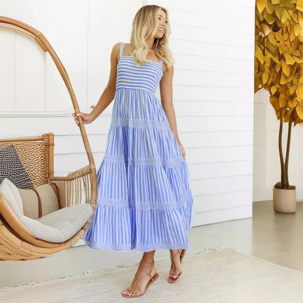Damen Maxikleid mit feinen Streifen und elastischem Oberteil EB