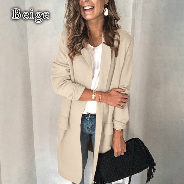 Damen stylische lange Jacke mit klassischem Revers EB