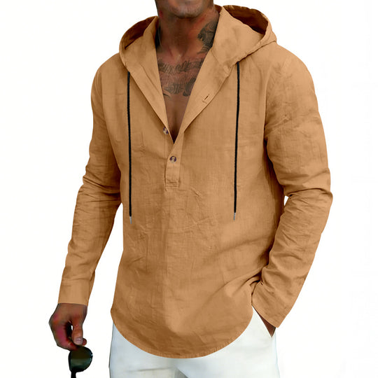 Herren nan Leinen-Henley-Kapuzenhemd mit kurzer Knopfleiste, Kapuze und relaxtem Schnitt EB