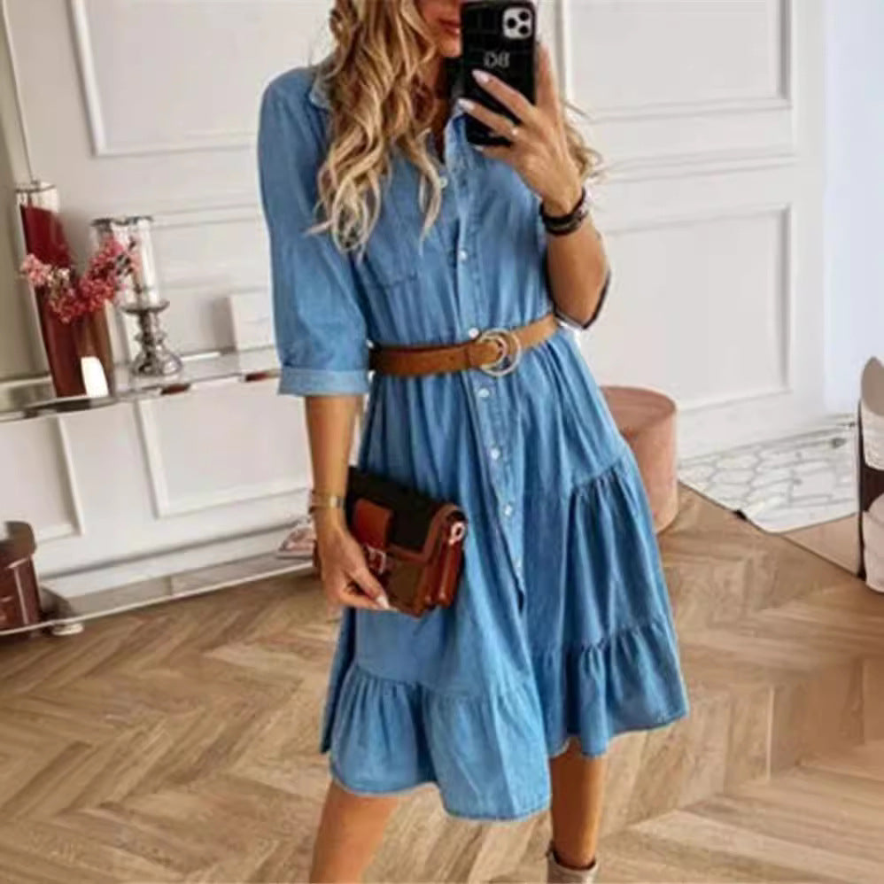 Damen nan Stufen-Hemdblusenkleid mit Taillenbetonung, durchgehender Knopfleiste und Brusttasche EB