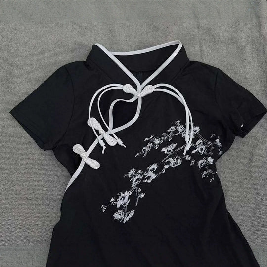Damen Modernes Chinesisches Kurzarm-T-Shirt mit kreativem Knotendesign EB