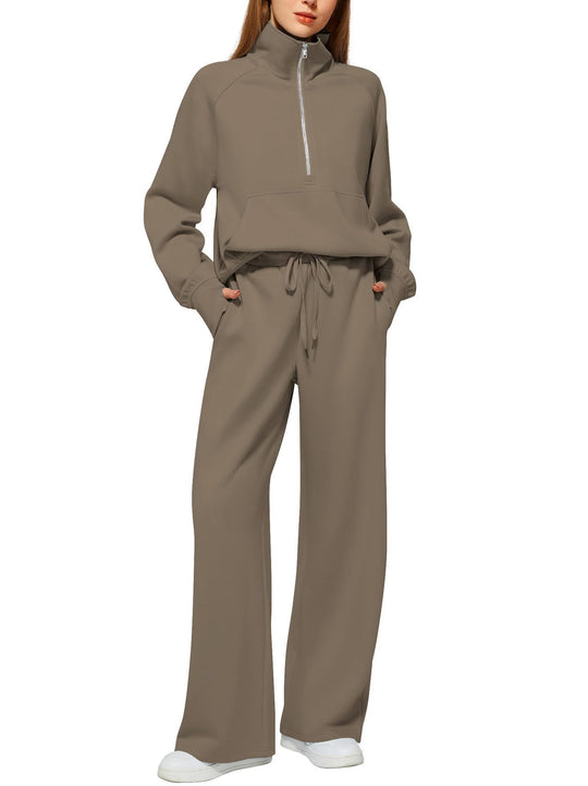 Damen nan halbzip Lounge-Set mit hohem Stehkragen, Kängurutasche und weiten Highwaist-Jogginghose EB