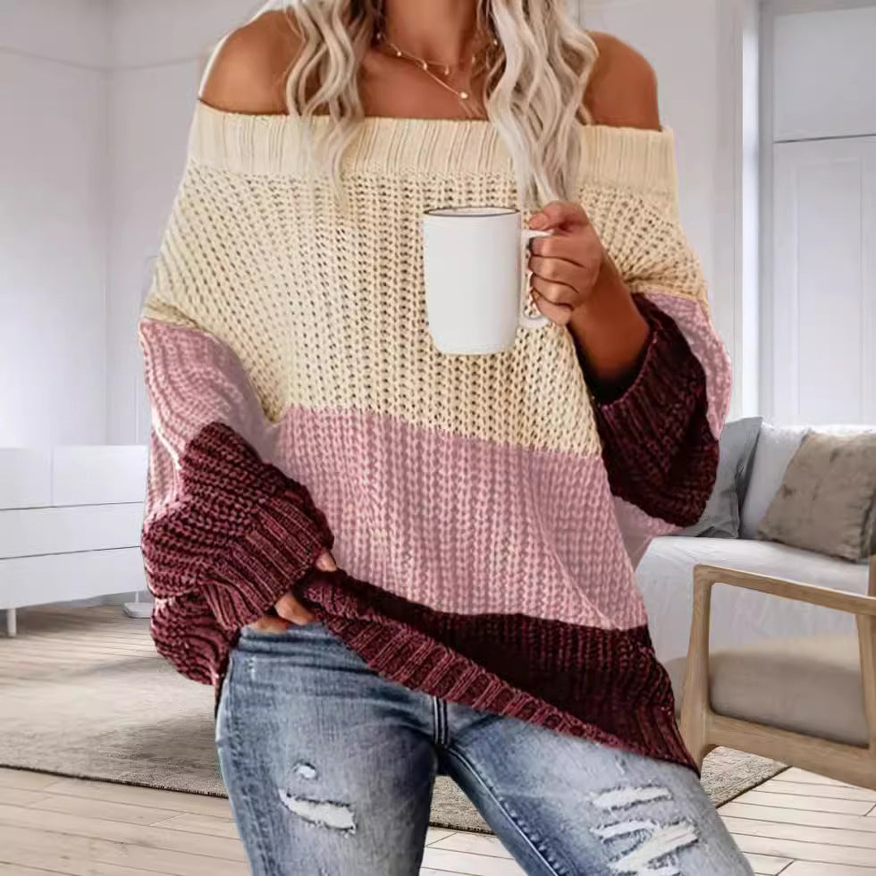 Damen Lässiger Overzise-Strickpullover mit Off-Shoulder-Ausschnitt und angesagtem Farbblockdesign EB