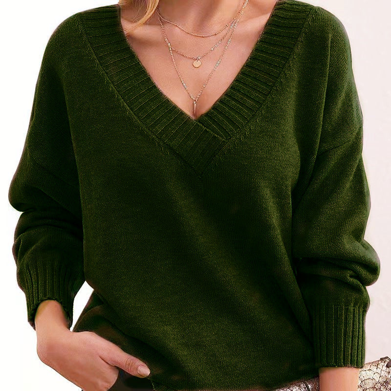 Damen nan Oversized V-Ausschnitt Strickpullover mit gerippten Bündchen EB