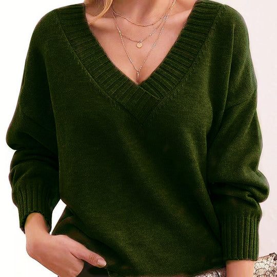 Damen nan Oversized V-Ausschnitt Strickpullover mit gerippten Bündchen EB
