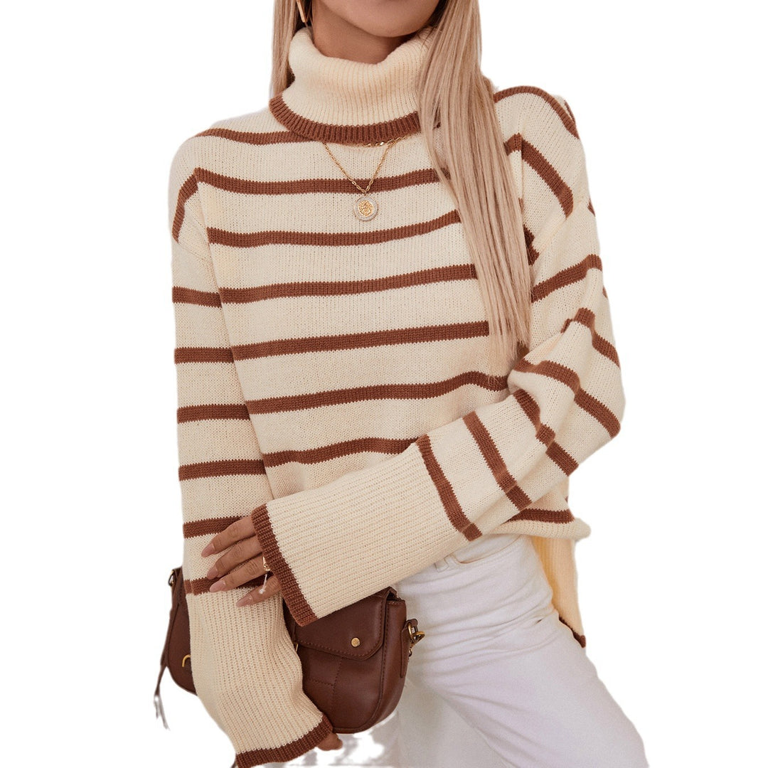Damen modischer Rollkragenpullover mit breiten Streifen und lässigem Schnitt EB