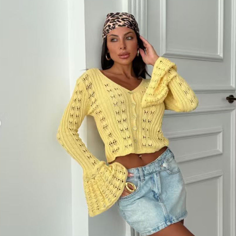 Damen Stylische Strickjacke mit V-Ausschnitt und Schlagärmeln EB