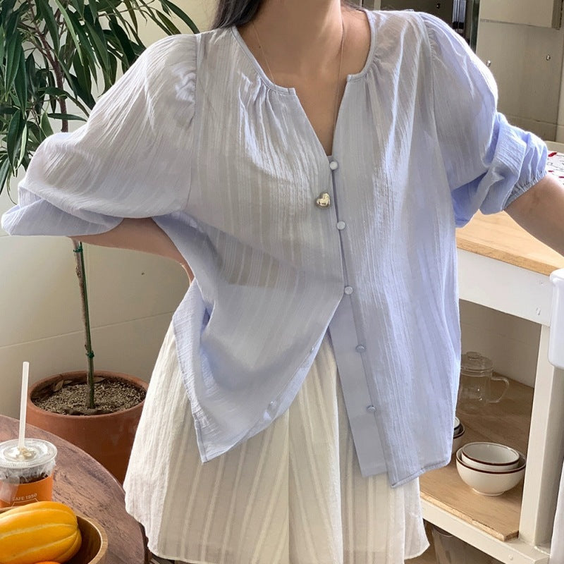 Damen Relaxed Fit Puffärmel Button-Up Bluse EB