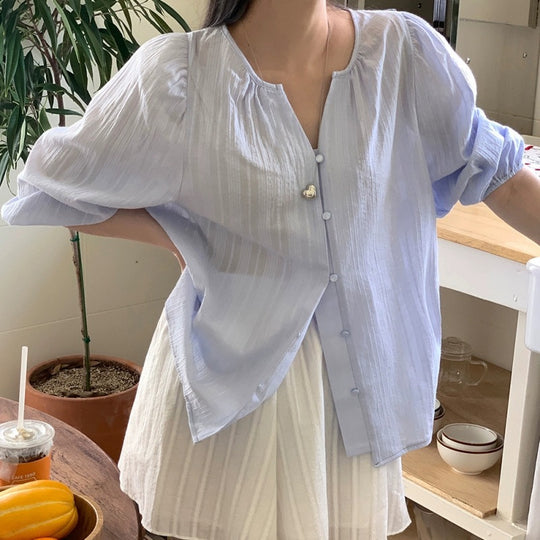 Damen Relaxed Fit Puffärmel Button-Up Bluse EB