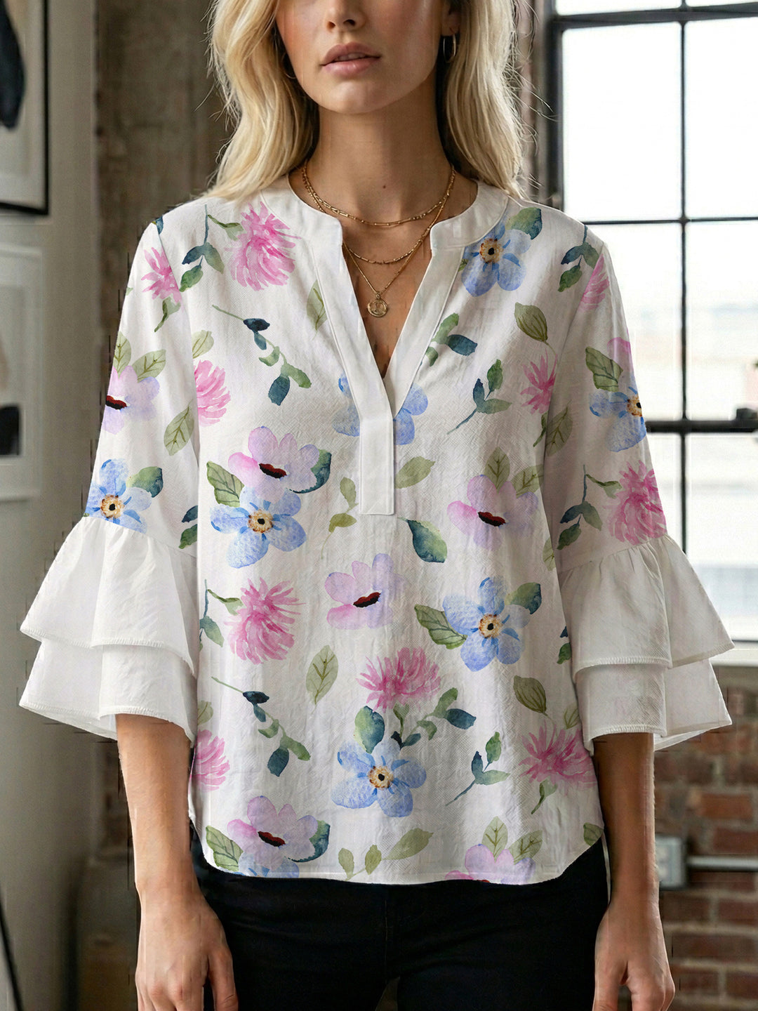 Damen elegantes Blusenshirt mit voluminösen Rüsenärmeln und grafischem Blumendesign EB