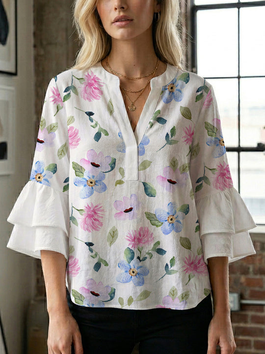 Damen elegantes Blusenshirt mit voluminösen Rüsenärmeln und grafischem Blumendesign EB