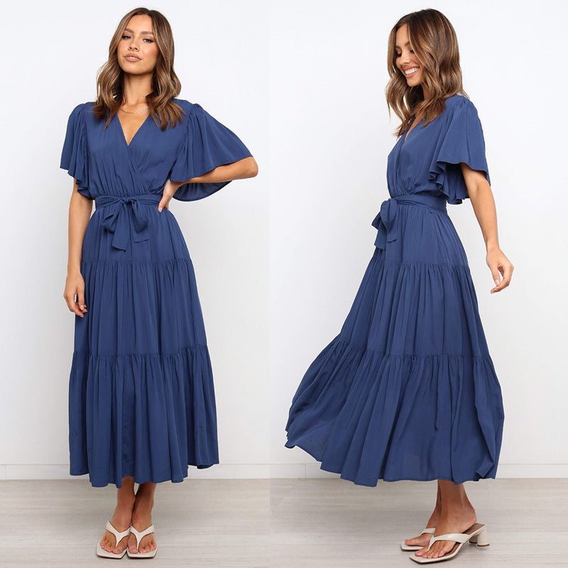 Damen Maxikleid mit tiefem V-Ausschnitt und schwingenden Ärmeln EB