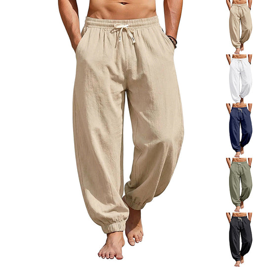 Herren Weite Leinenoptik-Strandhose mit Kordelzug, elastischem Bund und gerafften Beinabschlüssen EB