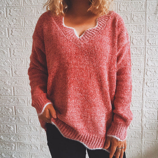 Damen lässiger Strickpullover mit weitem V-Ausschnitt und asymmetrischem Saum EB