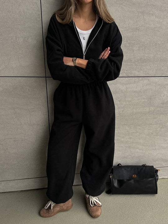 Damen Lässiger Fleece-Hausanzug mit Zip-Kapuze und elastischem Taillenbund EB