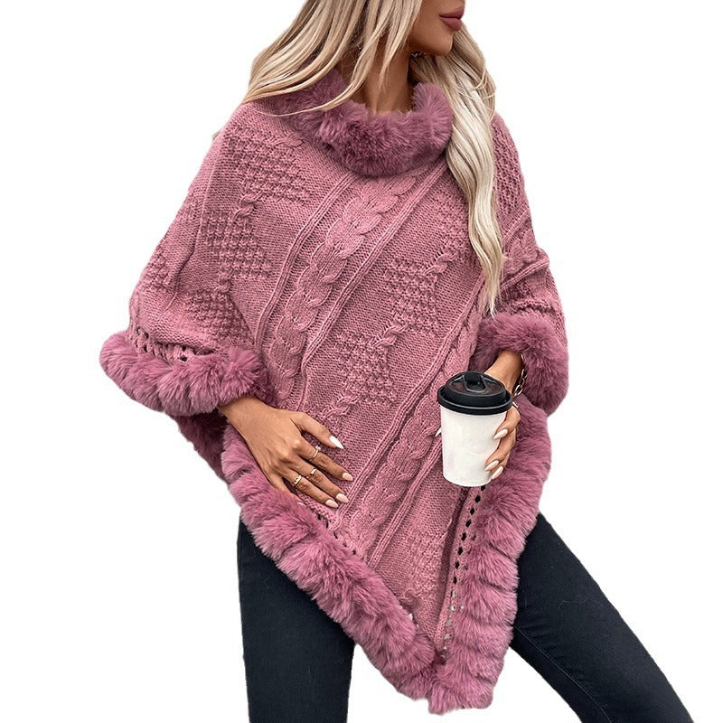 Damen kuscheliger Strickponcho mit samtigem Fellbesatz EB