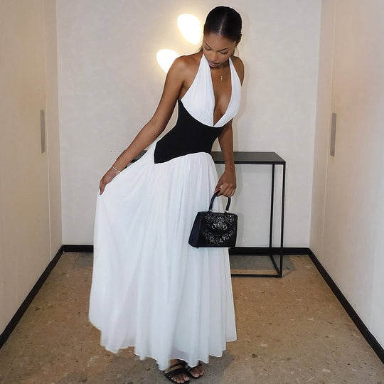 Damen Abendkleid mit tiefem V-Ausschnitt und fließendem Rock EB