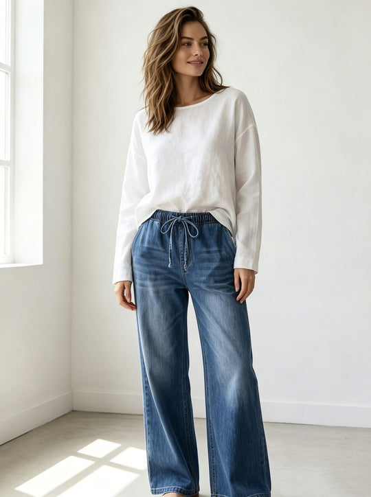 Damen nan Relaxed-Fit Denim-Hose mit elastischem Tunnelzugbund, dezentem Used-Effekt und weitem Bein EB