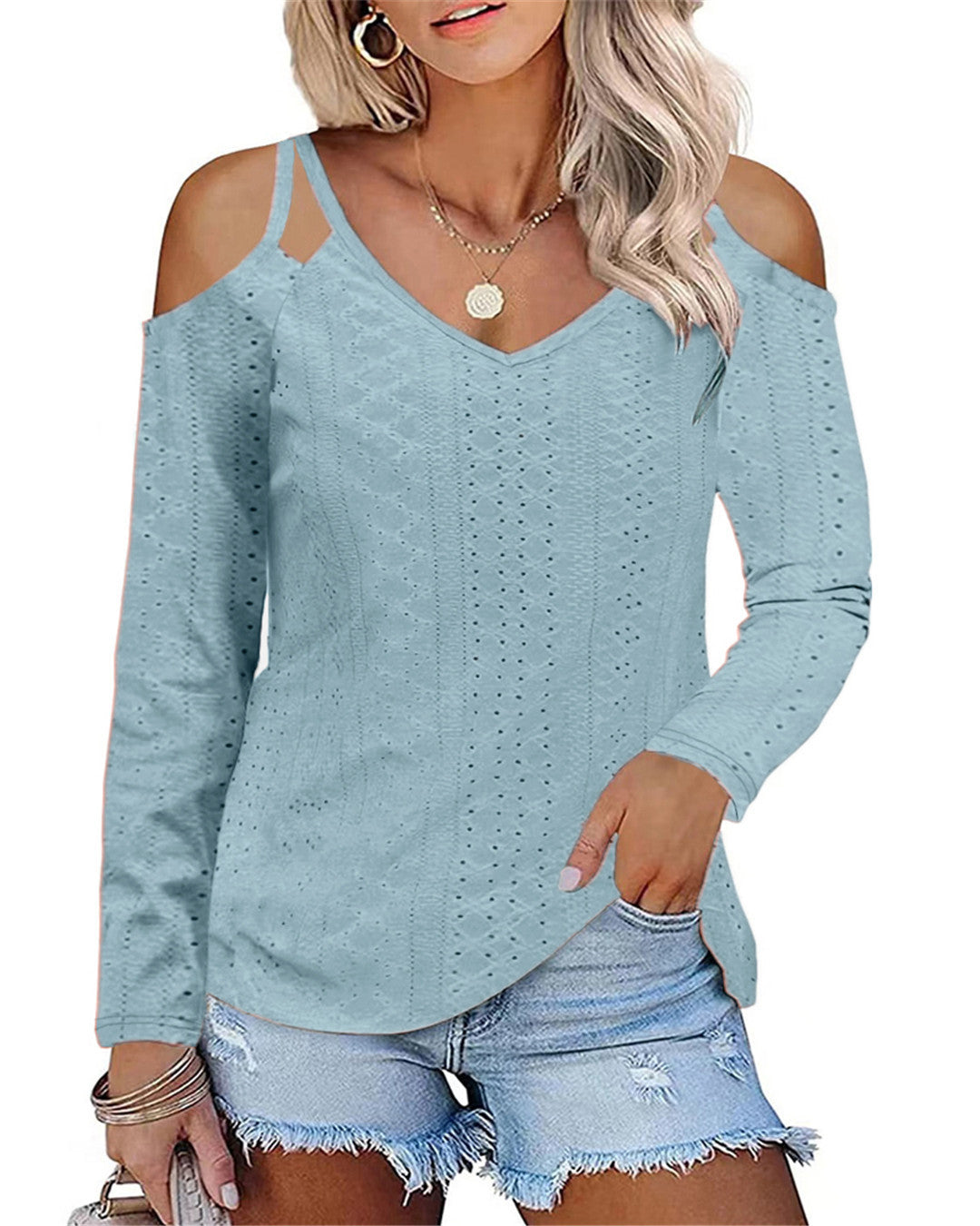 Damen Elegantes Shirt mit angeschnittenen Schultern und V-Ausschnitt EB