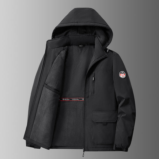 Herren  gefütterte Softshell-Winterjacke mit Teddyfutter, verstellbarer Kapuze und multifunktionalen Taschen EB