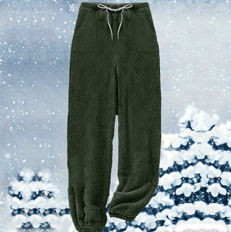 Damen nan kuschelige Sherpa-Fleece Loungehose mit Kordelzug, hoher Taille und elastischen Bündchen EB