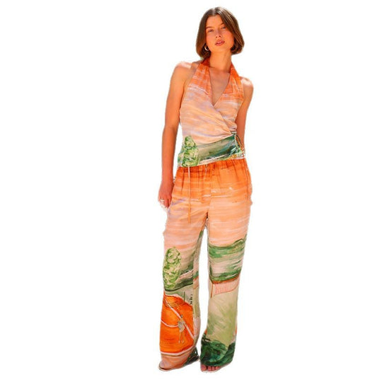Damen Hose mit elegantem Wickeloberteil und floralen Mustern EB