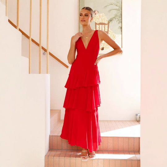 Damen Elegantes Maxikleid mit Volants und tiefem V-Ausschnitt EB