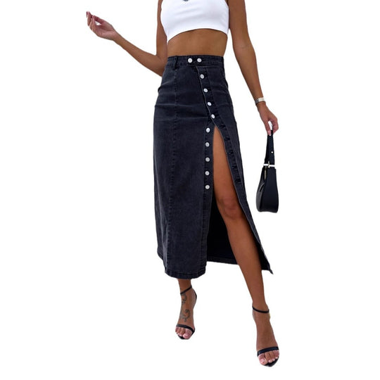 Damen Langer Jeansrock mit seitlichem Schlitz und modischen Knopfdetails EB
