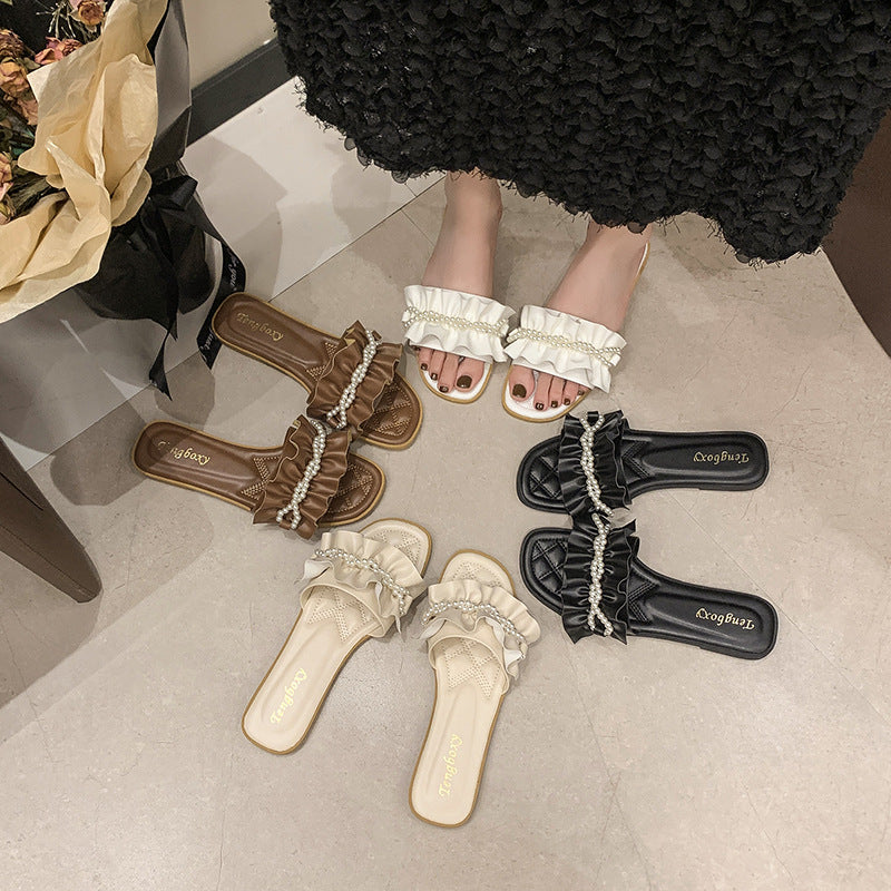Damen elegante Pantoletten mit Rüschendetails und Perlenschmuck EB