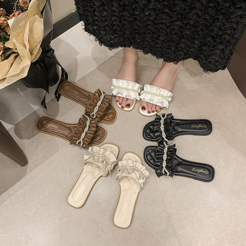 Damen elegante Pantoletten mit Rüschendetails und Perlenschmuck EB