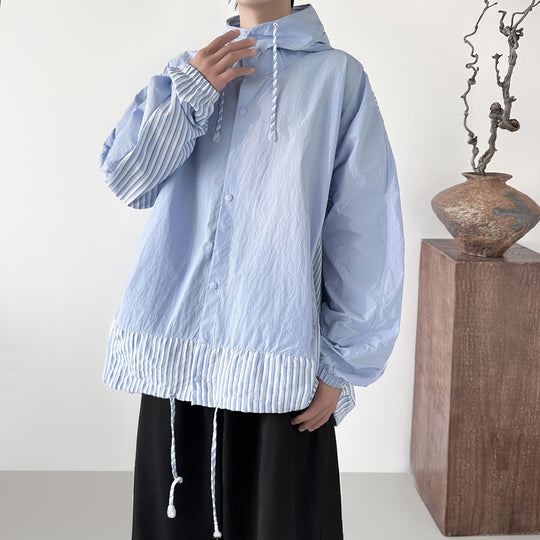 Damen nan leichte Kapuzenbluse-Jacke mit gestreiften Einsätzen, Tunnelzug und Druckknöpfen EB