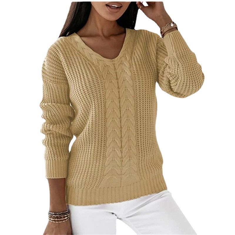 Damen nan grob gestrickter V-Ausschnitt Pullover mit Zopfmuster und lockerer Silhouette EB