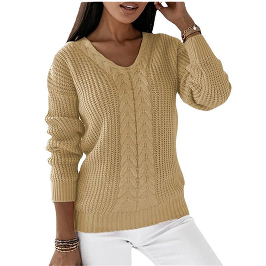 Damen nan grob gestrickter V-Ausschnitt Pullover mit Zopfmuster und lockerer Silhouette EB
