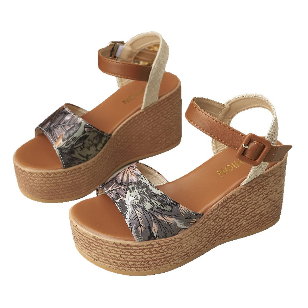 Damen Wedge-Sandalen mit floralen Mustern und verstellbarem Riemen EB