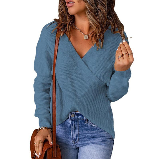 Damen Wickelstrickpullover mit V-Ausschnitt und strukturierter Oberfläche EB