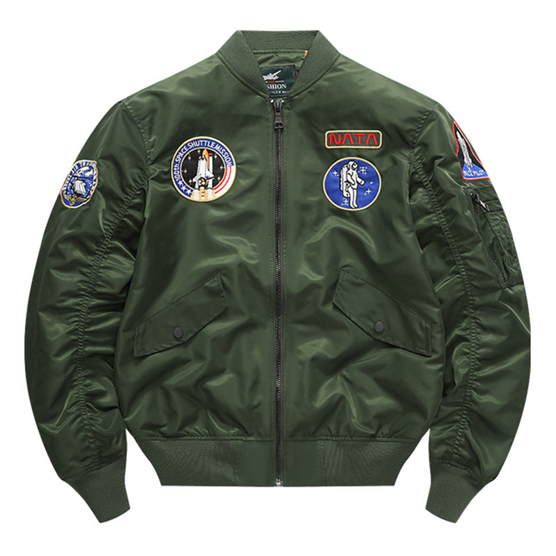 Men's  retro space-mission nylon flight jacket with insulated lining and sleeve zipper pocket EB
