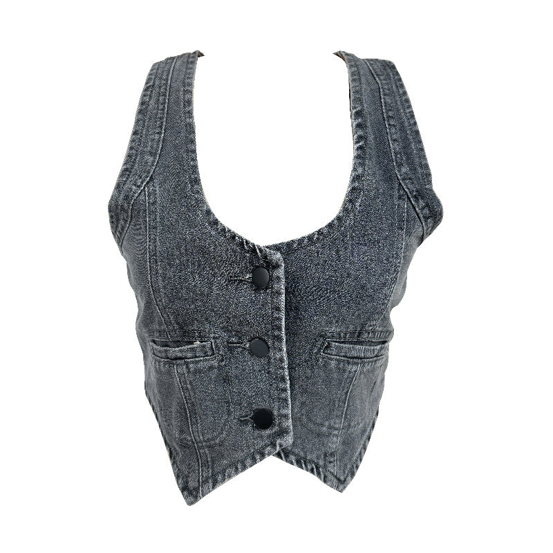 Damen Denim-Weste mit modernem V-Ausschnitt und praktischen Taschen EB