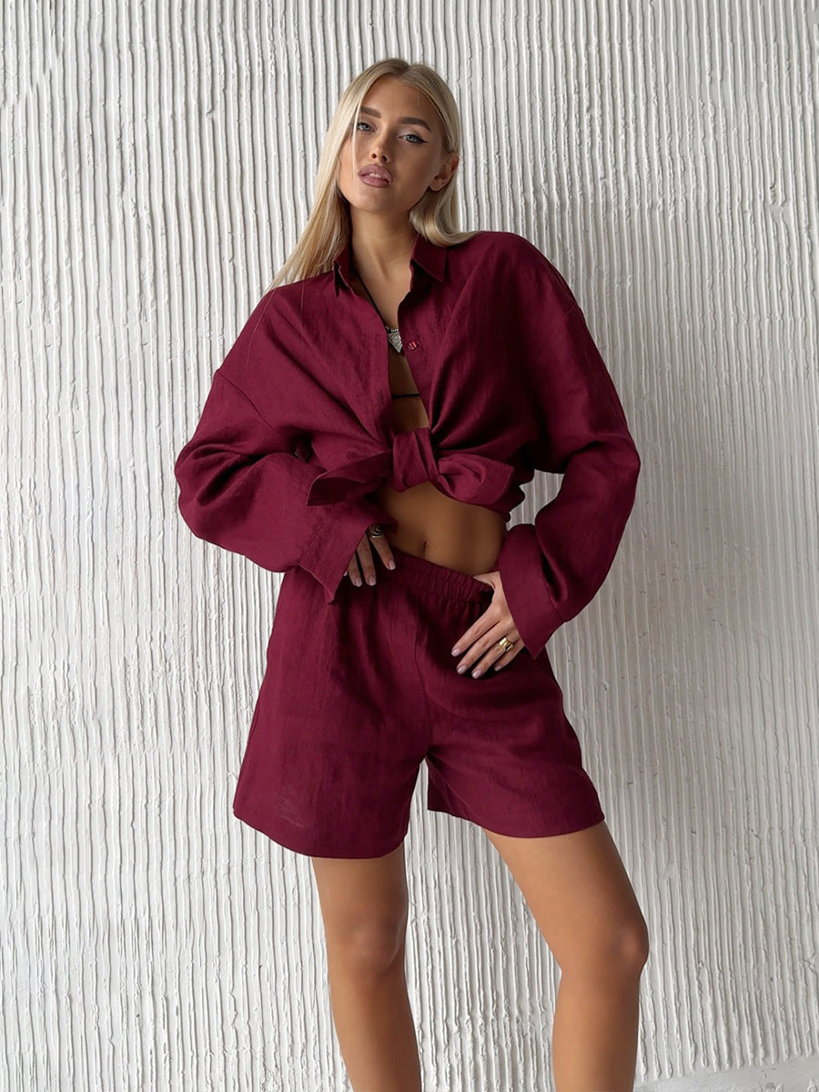 Damen lässige Leinenbluse und Shorts Set EB