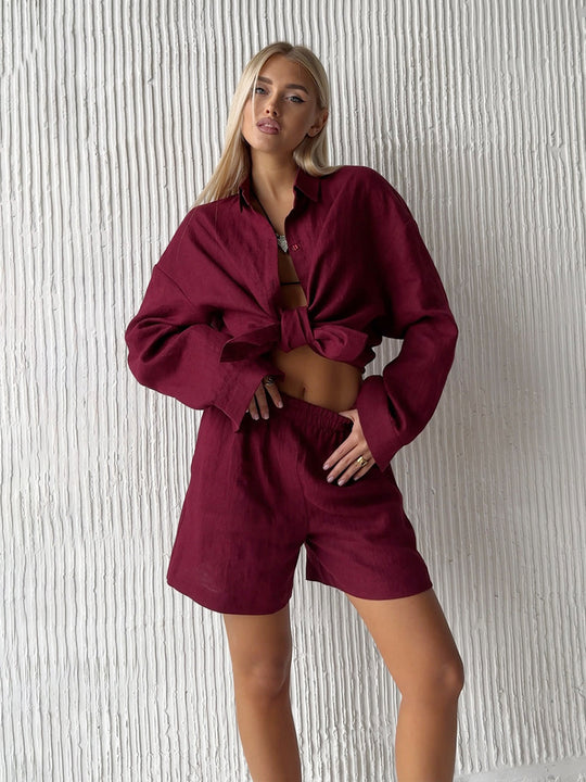 Damen lässige Leinenbluse und Shorts Set EB