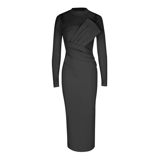 Damen Elegantes Langarm-Midi-Kleid mit raffinierter Drapierung und figurbetonter Silhouette EB