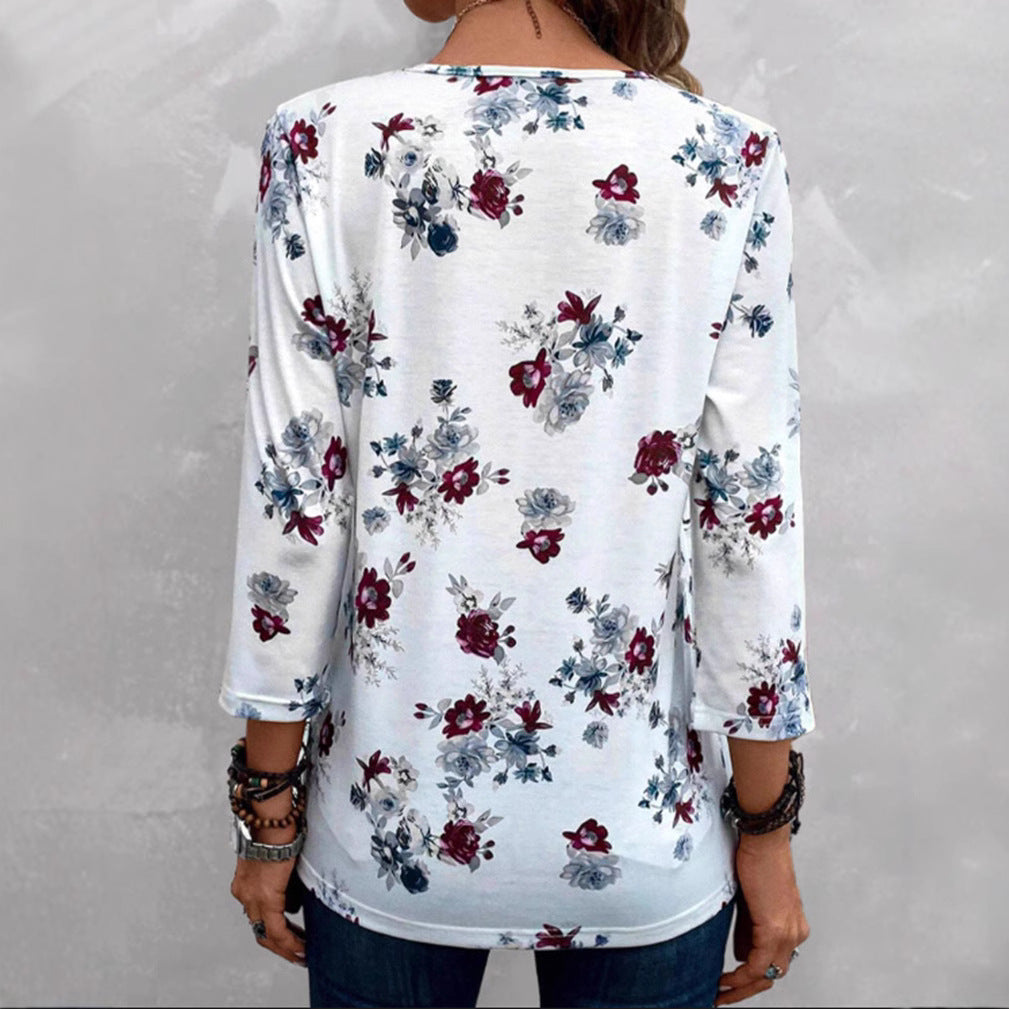 Damen Blusenshirt mit floralen Akzenten und knöpfbarem Ausschnitt Heidi-Mode