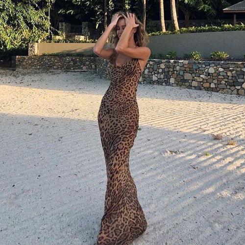 Damen Elegantes Maxi-Kleid mit figurbetontem Schnitt und Tiermotiv EB