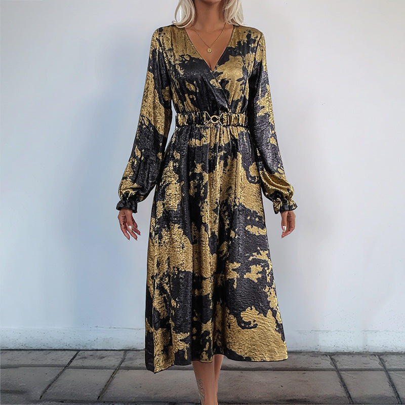 Damen Wickel-Midikleid mit Metallic-Effekt, abstraktem Print, Taillenring und hohem Beinschlitz EB