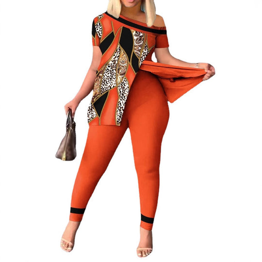 Damen modernes und elegantes Set mit asymmetrischem Oberteil und figurbetonten Hosen EB