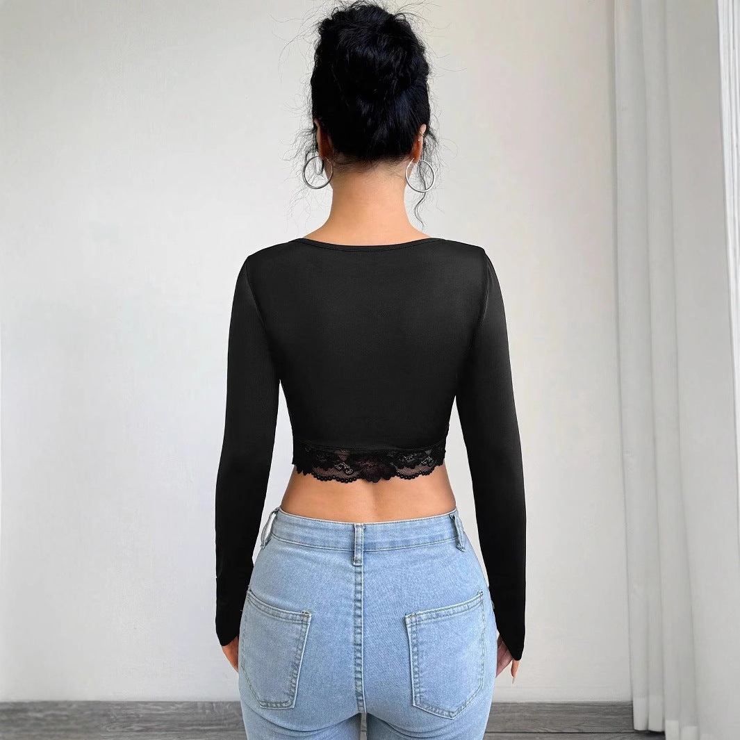 Damen Cropped Langarmshirt mit raffiniertem Spitzenbesatz EB