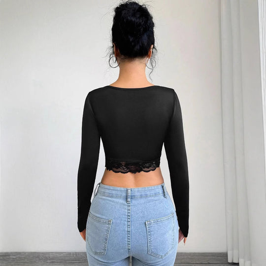 Damen Cropped Langarmshirt mit raffiniertem Spitzenbesatz EB