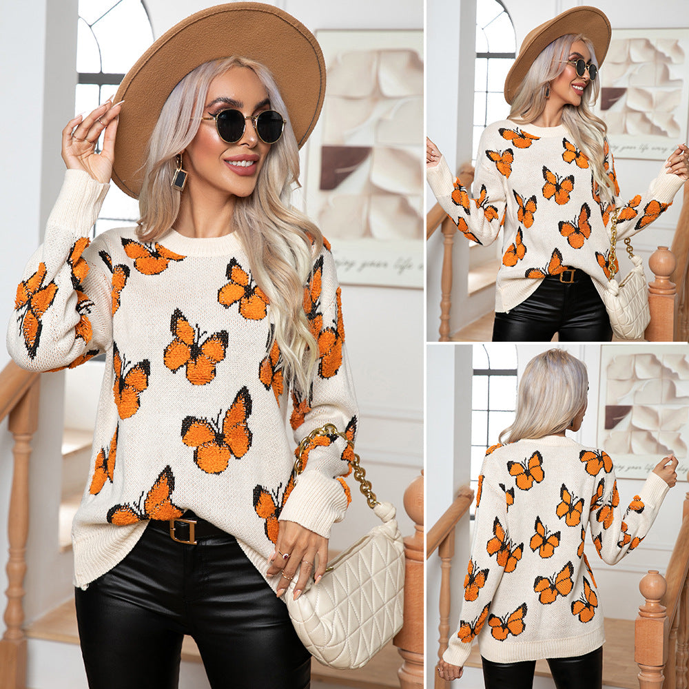 Damen Strickpullover mit Schmetterlingsmuster EB
