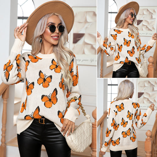 Damen Strickpullover mit Schmetterlingsmuster EB