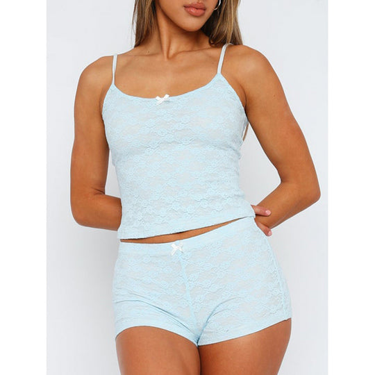 Damen Spitzen-Crop-Top und komfortable Short-Set EB